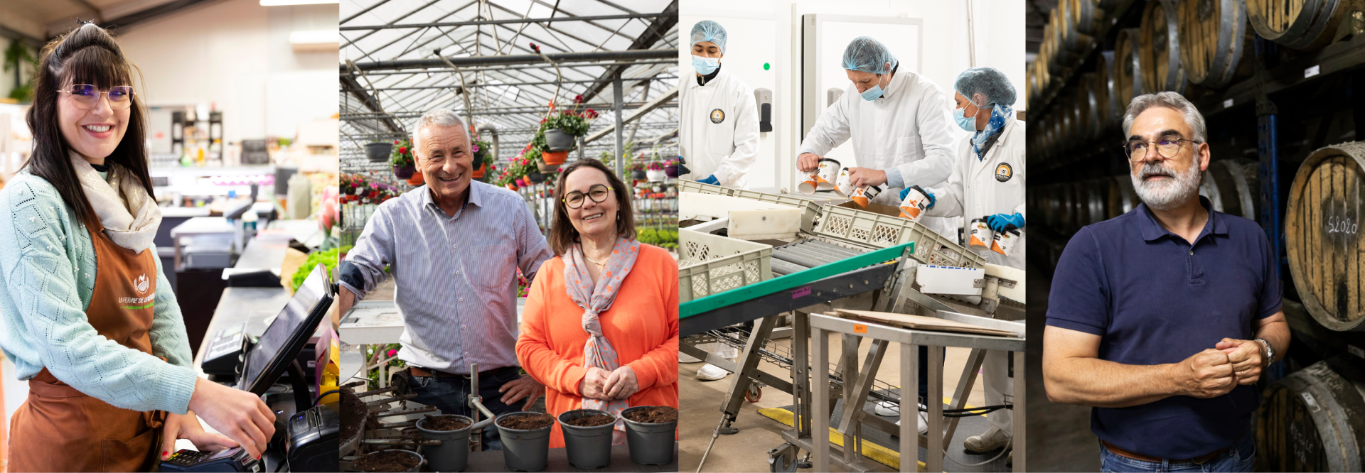 une jeune femme à la caisse d'un magasin, un homme et une femme dans une pépinère, des ouvriers dans une usine de glaces, un viticulteur devant un tonneau