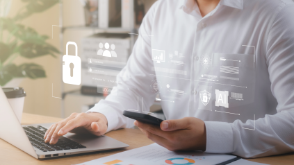 personne avec main droite sur clavier ordinateur et main gauche tenant un smartphone et image de cadenas